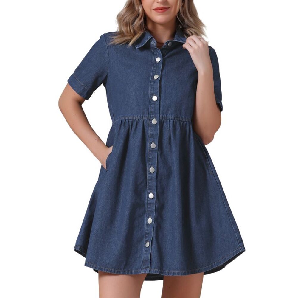 Babydoll Tiered Short Sleeve Button Down Jean Shirt Dresses Deep Blue